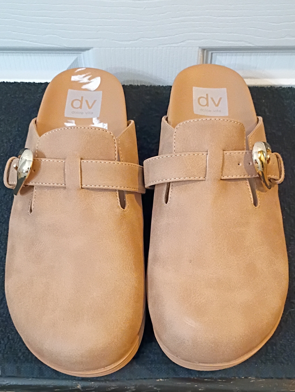 DV by Dolce Vita Tan Suede Mule Clogs with Gold Buckles